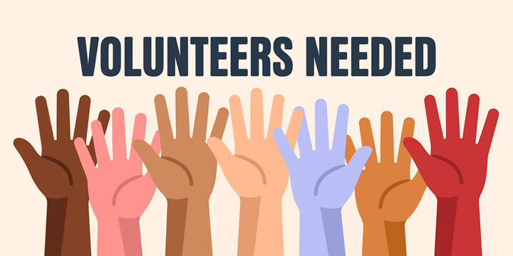 Colorful raised hands graphic showing volunteers needed for community support