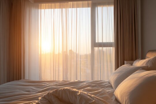 Morning sunlight streaming through thin curtains into a cozy bedroom with a comfortable bed