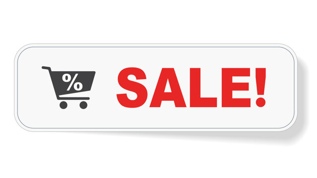 Modern sale banner with shopping cart discount icon and bold red SALE text. Clean retail promotion label in minimal flat vector style with rounded rectangle shape isolated on transparent background