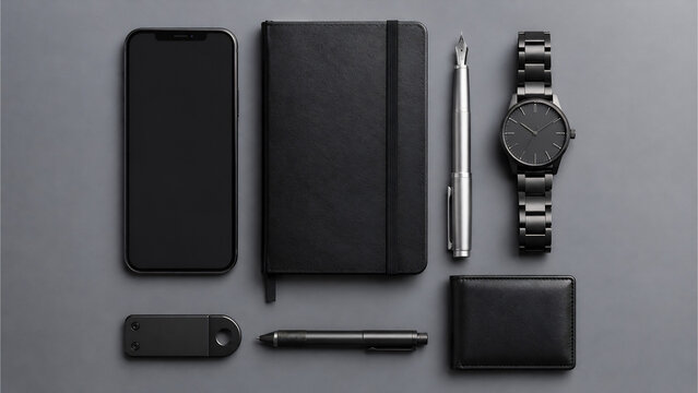 Minimalist Everyday Carry Flat Lay with Smartphone, Notebook, Wallet and Wristwatch on Matte Grey Desk