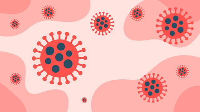 Illustration of coronavirus particles spread across light pink background