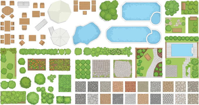 Landscape design elements kit featuring swimming pools outdoor furniture plants and paving stones for garden planning vector illustration