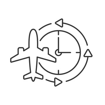 Jet lag linear icon. Sleep disorder. Time zones change due to international flight. Thin line customizable illustration. Contour symbol. Vector isolated outline drawing. Editable stroke