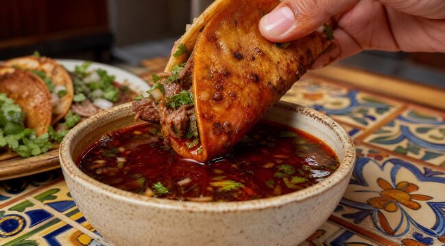 Hand Dipping Birria Beef Taco into Savory Consomm&eacute; Broth