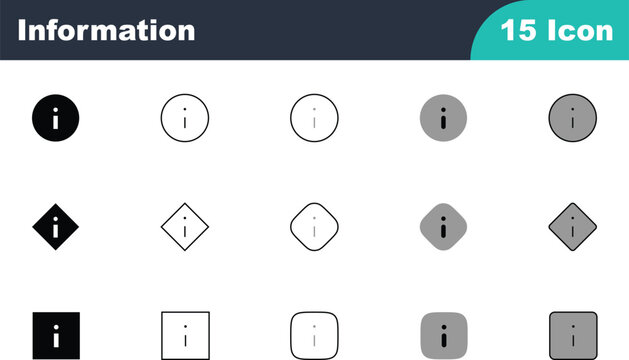 Information Icon Set &ndash; 15 Info Symbol in Circle, Diamond and Square Shapes, Solid, Outline and Gray Styles