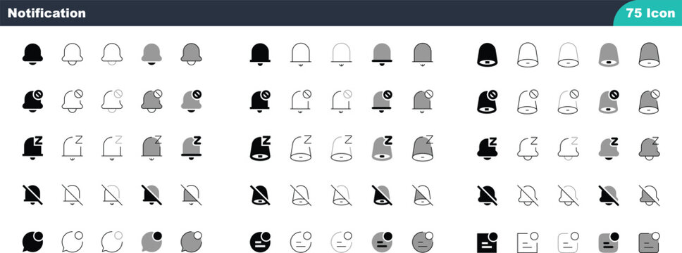 Notification Bell Icon Set &ndash; 75 Bell, Mute, Sleep and Message Notification Symbols in Multiple Shapes, Solid, Outline and Gray Styles