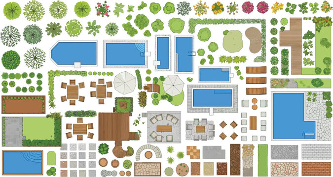 Landscape design elements set for garden planning including trees pools and outdoor furniture in top view vector illustration