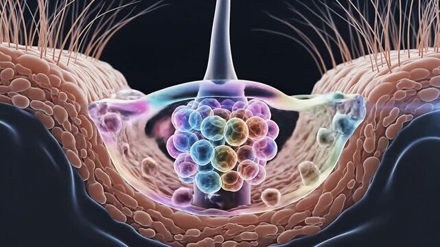 Detailed Microscopic Cross Section Revealing A Healthy Hair Follicle with Colorful Cells in a Laboratory Setting