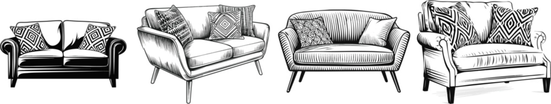 A minimalist modern couch adorned with two bold geometric throw pillows in a flat 2D black-and-white vector art style, set against a clean white background