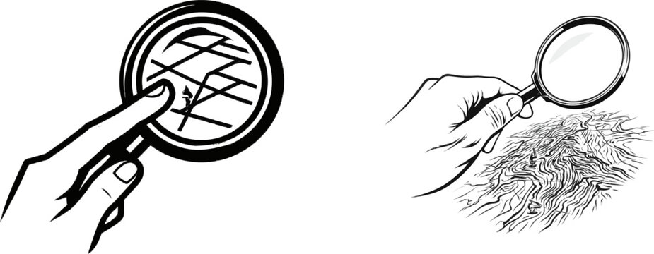 A hand holding a magnifying glass over a map in flat black-and-white vector art with bold solid silhouettes on a clean white background