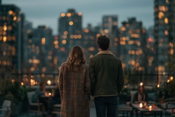 Obraz premium Couple enjoying a romantic evening on a rooftop overlooking a city skyline with bokeh lights at dusk.