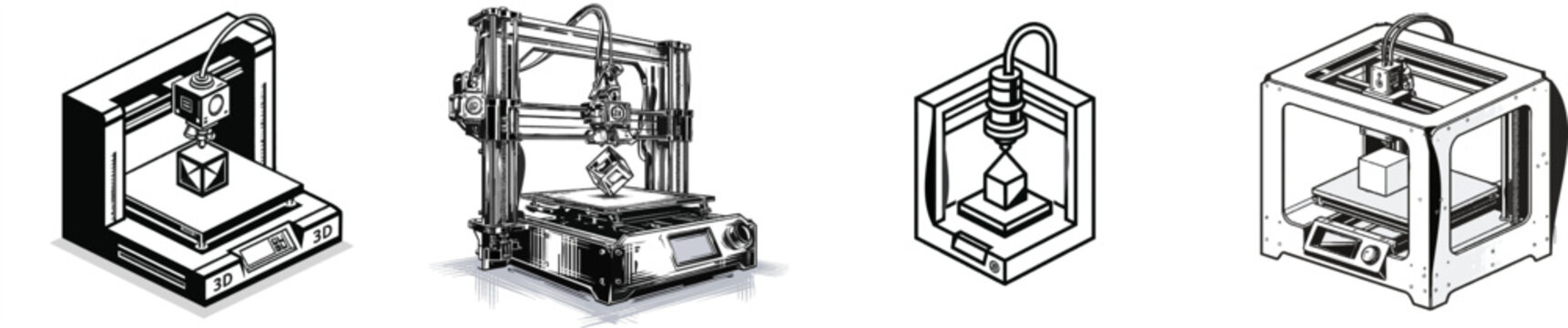 A sleek, modern 3D printer in action builds a geometric prototype with bold solid silhouettes against a clean white background