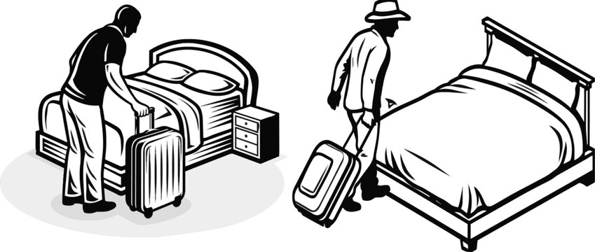A man in a hotel room unpacks his rolling suitcase while standing next to an unmade bed with minimalist geometric shapes and high contrast black-and-white vector art
