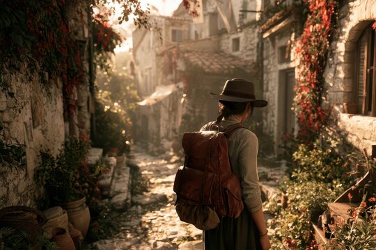 A lone traveler with a backpack explores a charming cobblestone street lined with ancient stone buildings and vibrant red flowers.