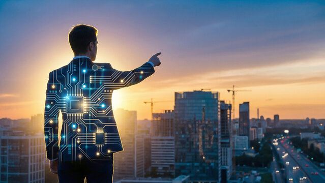 Businessman silhouette with circuit board pattern pointing at sunset city showing digital transformation innovation technology perfect for advertising branding presentation