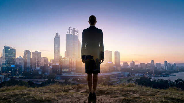 Businesswoman silhouette holding briefcase looking at golden sunset skyline showing leadership ambition career vision perfect for recruitment branding presentation poster