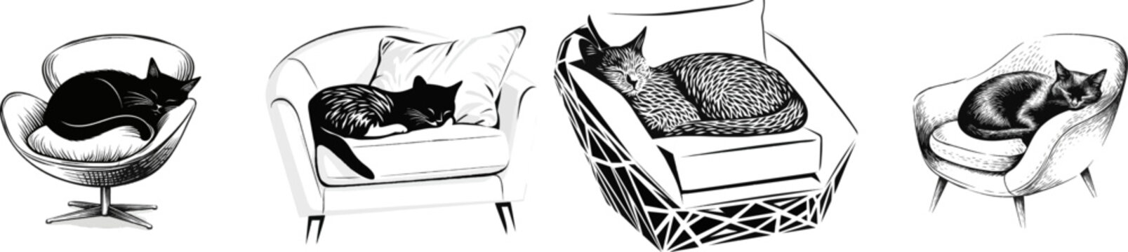 A serene cat naps peacefully in a minimalist geometric armchair, exuding calmness against a stark white backdrop