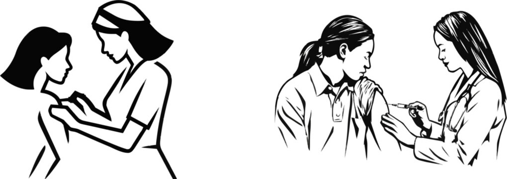 A nurse administers a vaccine injection into a patients upper arm in a minimalist, high-contrast black-and-white vector illustration