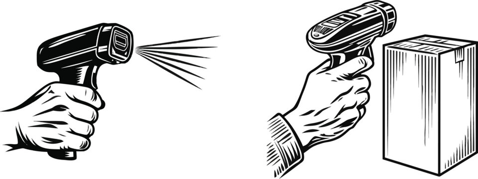 A hand holding a laser barcode scanner in bold solid silhouettes against a minimalist geometric shape backdrop of high contrast black and white