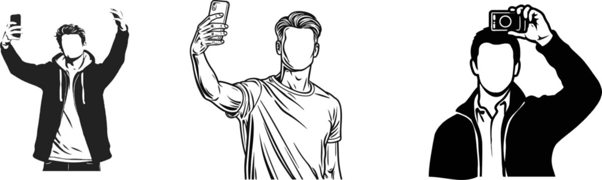 A person in a minimalist black-and-white vector art style holds a phone high to take a selfie photograph against a clean white background