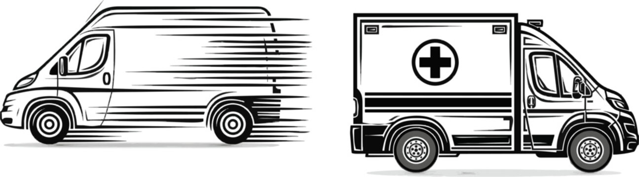A bold, flat 2D black-and-white vector art depiction of a geometric emergency ambulance vehicle speeds down a road with dynamic side profile lines and minimalistic shapes against a clean white