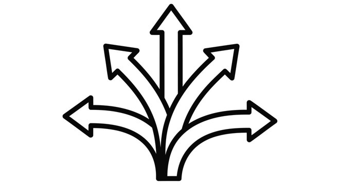 Multiple arrows diverging from a single point in a black outline