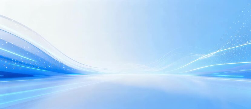 Dynamic abstract blue and white light trails flowing across a reflective surface, symbolizing digital connectivity and technological advancement