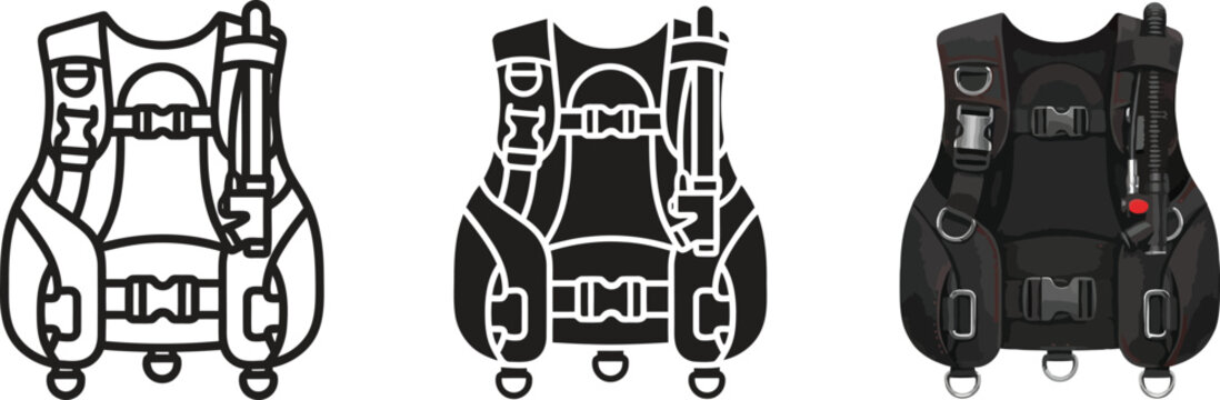 Scuba diving buoyancy compensator device BCD vector illustration set with outline glyph and detailed styles for marine sports and underwater