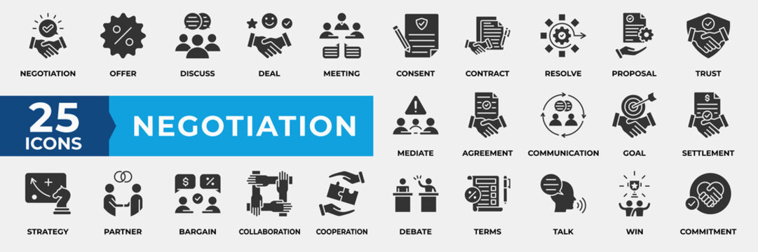 Negotiation Icon Set. Containing business, contract, meeting, proposal, trust, goal, strategy, collaboration, agreement, debate, talk, discuss, deal. Simple Glyph Vector Illustration.