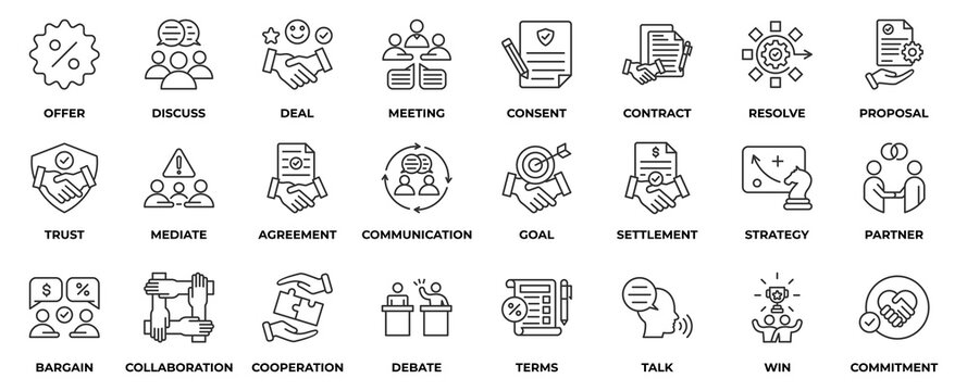 Negotiation icon set collection in outline style, an icon pack contain business, offer, contract, meeting, deal, agreement, resolve, mediate, cooperation, strategy and partner. Vector Illustration.