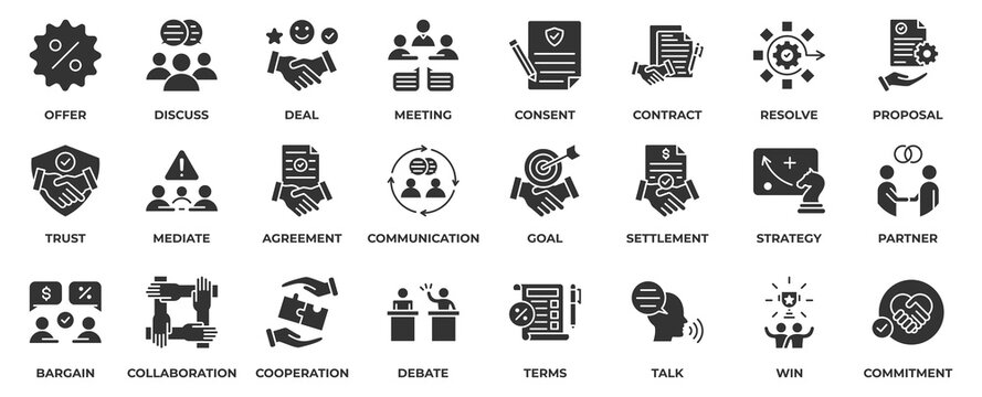Negotiation icon set collection in solid black style, an icon pack contain business, offer, contract, meeting, deal, agreement, resolve, mediate, cooperation, strategy and partner. Vector Illustration