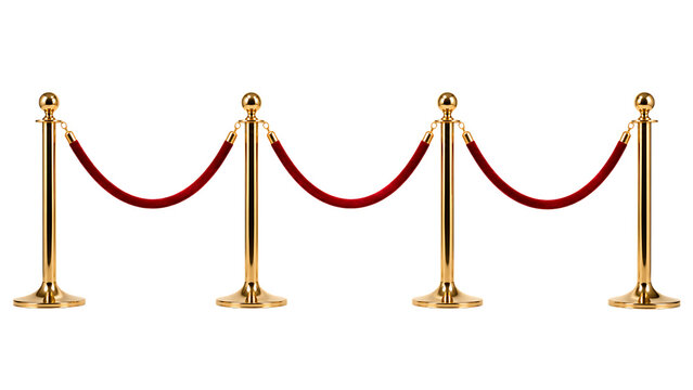 Golden stanchions with red velvet rope isolated on transparent background