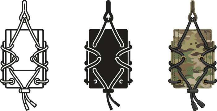 Tactical magazine retention system with shock cord featuring line art solid and camouflage vector illustrations for military and outdoor gea