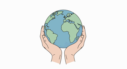 Fototapeta premium A pair of hands cradling a colorful illustration of the Earth against a clean white background with a calming and protective mood.