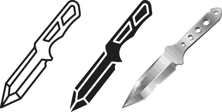 Set of tactical throwing knife vector icons and realistic illustration ideal for game design military themes or security concepts