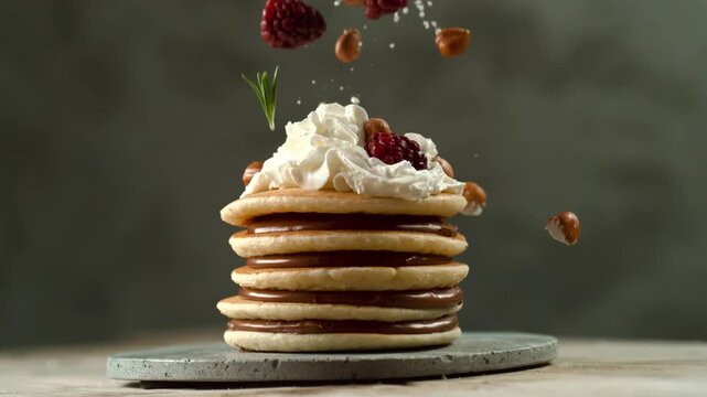 Stack of delicious pancakes with chocolate cream and whipped topping.
