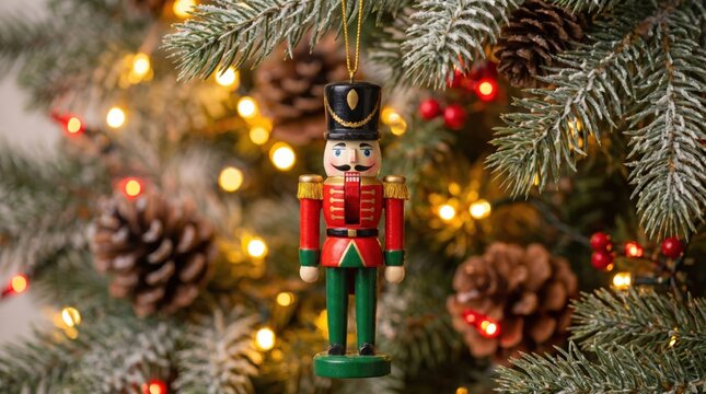 Vibrant wooden Nutcracker ornament hanging on a flocked evergreen Christmas tree branch. Adorned with pinecones and warm string lights, it evokes festive holiday cheer and seasonal celebration.