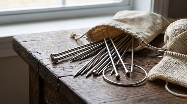 Collections of sleek metallic silver knitting needles gracefully spill from rustic beige canvas pouches onto deeply textured oak tables.