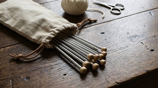 Collections of sleek metallic silver knitting needles gracefully spill from rustic beige canvas pouches onto deeply textured oak tables.