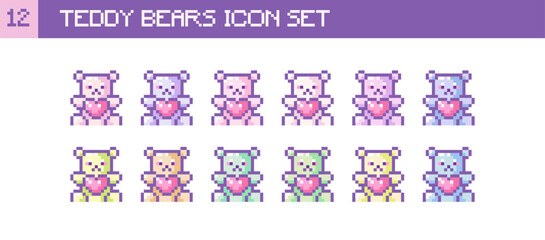 Obraz premium Pixel Art Teddy Bears Icon Set. Retro 8 Bit Cute Bear, Plush Toy and Heart Vector Illustration Pixelated Y2k Pack for Game Assets UI, Stickers and Valentine Design