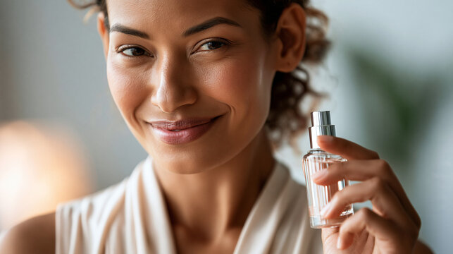 young woma photographed from the chin downward, stading confidently with a skincare product bottle held at chest height, clea studio light, background a soft neutral defocused