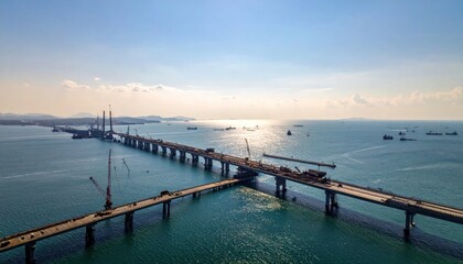 Obraz premium Expansive Aerial View of a Long Bridge Spanning Across a Wide Body of Water Under a Clear Sky.