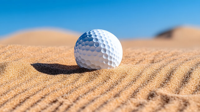 Golf ball sand bunker raked minimalist close up texture shadow sunlight sport resting on fine sand with ripple pattern under blue sky calm mood clean composition copy space summer leisure