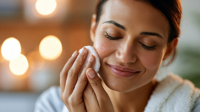 Close-up of a woma's hads using a soft cotton pad to gently sweep makeup remover across the cheek area, the cotton pad showing a faint colour trasfer, warm ambient bathroom light,