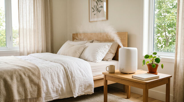 White humidifier in bright bedroom