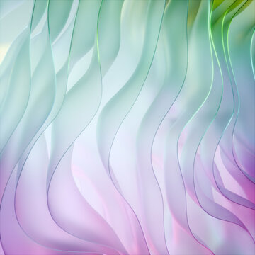 Abstract background of colored wavy glass elements. Purple to green color tone - 3d render