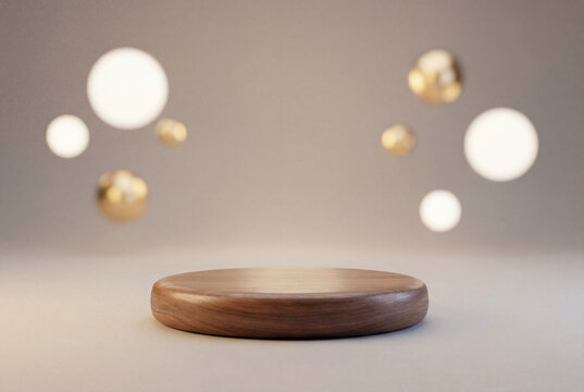 Polished wooden pedestal on soft gradient background with luminous spheres