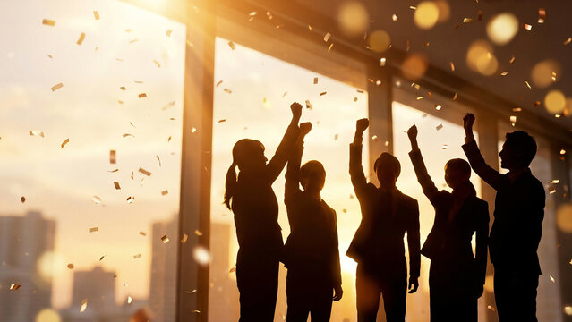 Backlit silhouette business team raising fists indoor office window with shimmering golden confetti perfect for corporate celebration and recruitment campaign