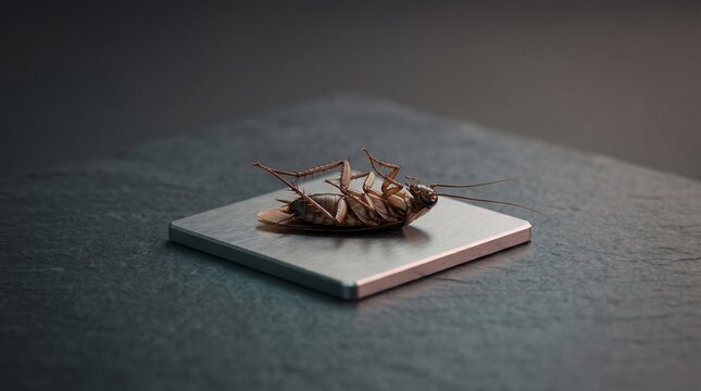 A detailed close-up of a deceased insect, showing its legs and antennae on a dark, rough background