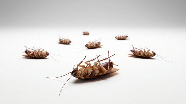 Several dead cockroaches lying on their backs on a white background